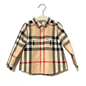 Burberry Kids Tan and Red Plaid Button Down Shirt